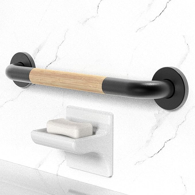 Safety Grab Bar for Bathroom & Toilet, Natural Bamboo Handle, ADA Compliant Balance Assist Handrail for Handicap and Seniors, 16in Matte Black
