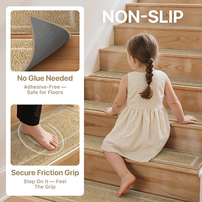 Non Slip Microfiber Stair Treads for Wooden Steps, 15PCS 8"x30" Indoor Safety Carpet, 3D Cut & Loop Tufted Edging Mats with TPE Adhesive Backing, Pet & Elderly Friendly Stair Rugs (Tan Border)