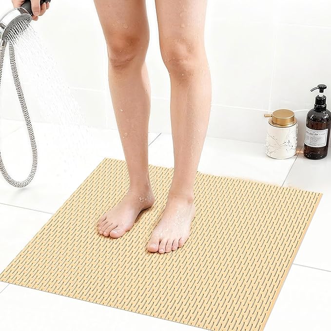 Extra Large Non-Slip Shower Mat, Fast-Dry PVC Bath Stall & Tub Mat, Drain-Hole Design,for Shower Stall Tub for Elderly/Kids，Non Slip Bathroom Safety Accessory，Beige 27"x27"