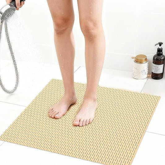 Extra Large Non-Slip Shower Mat, Fast-Dry PVC Bath Stall & Tub Mat, Drain-Hole Design,for Shower Stall Tub for Elderly/Kids，Non Slip Bathroom Safety Accessory，Beige 27"x27"