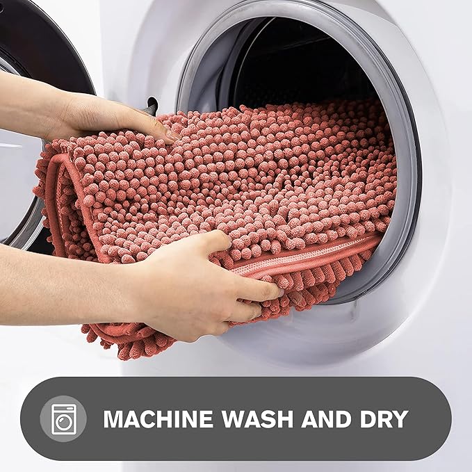 Bathroom Rugs Sets 2 Piece – Absorbent and Washable Bath Mat, Non-Slip, Thick Soft Chenille Bath Rugs for Bathroom Floor, Shower, Sink(17" x 24"+17" x 47", Coral)