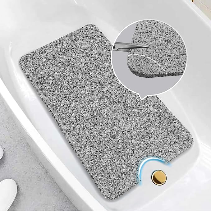 Asvin Soft Textured Bath, Shower, Tub Mat, 24x16 Inch Rectangular, Phthalate Free, Non Slip Comfort Bathtub Mats with Drain, PVC Loofah Bathroom Mat for Wet Areas, Quick Drying, Grey