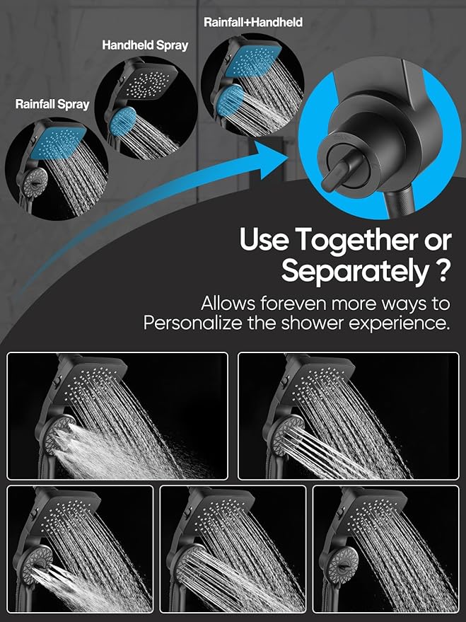 Cobbe Dual Shower Head with Magnetic Handheld, High Pressure Rain Shower Combo 2-in-1 Fixed & Detachable, Multiple Spray Modes, Built-in Magnet Dock 6ft Hose, Matte Black