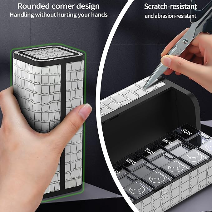 Pill Organizer 7 Day AM PM, Discreet 2 Times a Day Weekly Pill Box with Double Protection Shell, Large Capacity Portable Vitamin Case for Travel Meds & Medicine Organizer (White)