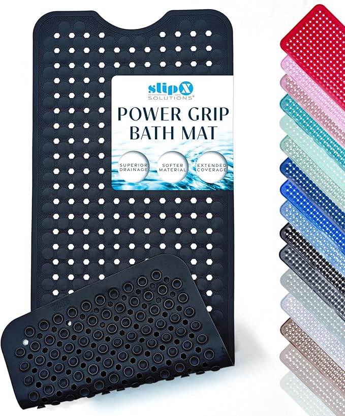 SlipX Solutions Power Grip Bathtub Safety Mat | Precision Grip Technology for Longer, Stronger, & Softer Wet Surface Protection | Solid Black 39"x16"