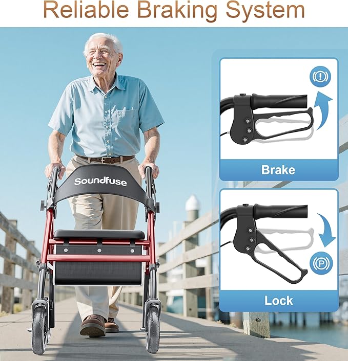 SOUNDFUSE Rollator Walkers for Seniors with Seat, Foldable Lightweight Rolling Walker with 8" Big PU Wheels, Ergonomic Seat, Dual Height Adjustment