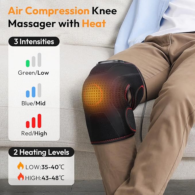 QUINEAR Air Compression Knee Massager with Heat, Knee Brace Wrap for Arthritis Pain Relief, Heating Pad for Knee for Circulation and Pain Relief,3 Modes & 3 Intensities