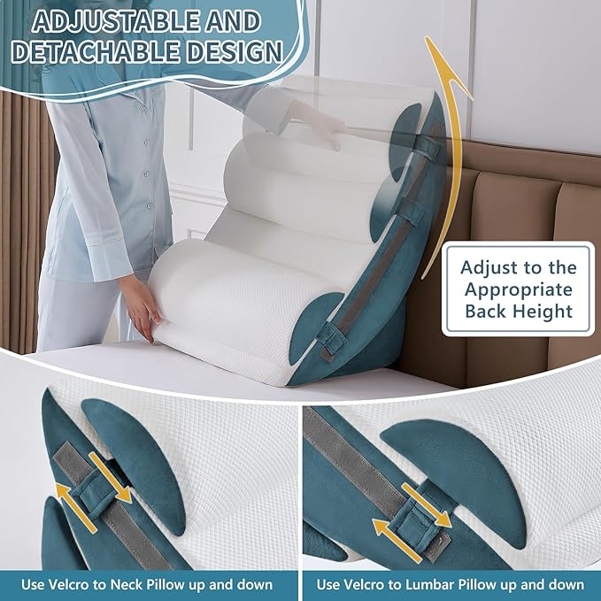 Yojoker 9PCS Orthopedic Bed Wedge Pillow Set for Sleeping, Back and Leg Pain Relief, Post Surgery Foam Pillow for Body, Triangle Adjustable Support Pillow - Acid Reflux Sleeping Pillows Navy