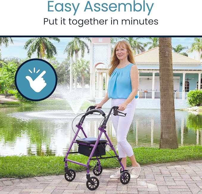 Vive Mobility Steel Rollator Walker with Seat - Foldable, Narrow, Rolling Senior Walker for Small Spaces - 4 Wheel Lightweight Adult Easy Drive with Underseat Storage, Adjustable Height (Purple)