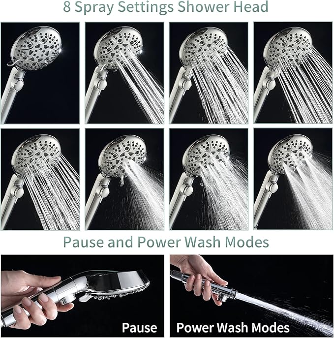 Handheld Shower Heads with ON OFF Switch,Extra Long 79-inch Hose 8 Spray Settings High Pressure Detachable Showerhead,Built-in Power Sprayer to Clean Pets, Adjustable Angle Bracket,Silver