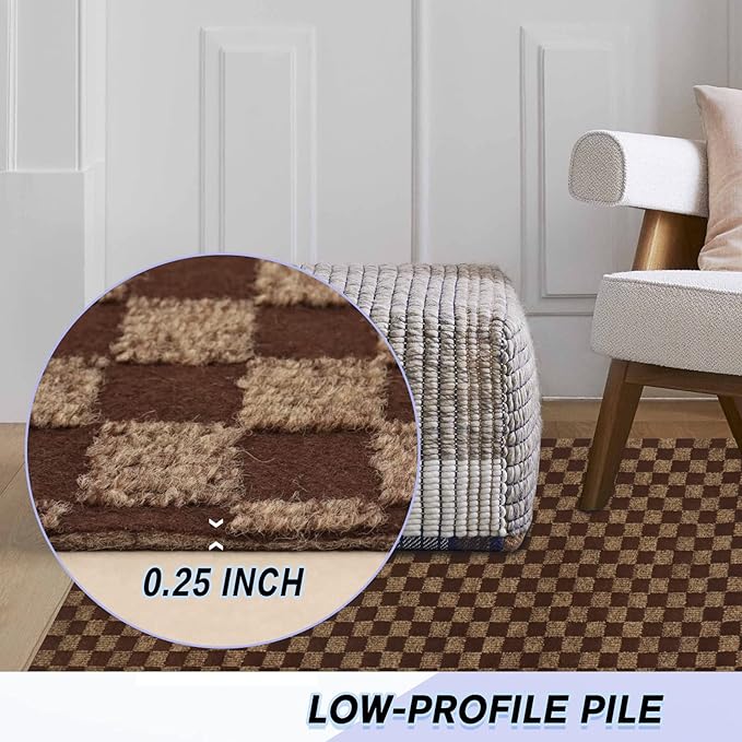 Custom Size Backed Non-Slip Area Rugs Runner, Easy Clean, Waterproof Runner Rugs for Hallway Entryway, Kitchen, Laundry, 3FT x 69FT, Brown Checkered