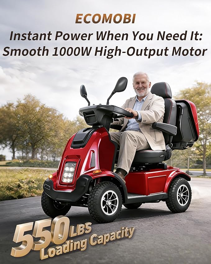Ecomobi All-Terrain Heavy Duty Mobility Scooter for Seniors & Adults, 1000W Powerful Motor, 550 lbs Weight Capacity, 32 Mile Extended Range, 9 MPH, 13” Pneumatic Tires, Full Suspension, FDA Cleared