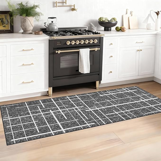 Washable Runner Rug 2x6, Gray Modern Distressed Stripe, Kitchen Runner Rug Non Slip, Woven Thin No Shed Runners for Entryway, Kitchen, Laundry Room- Gray