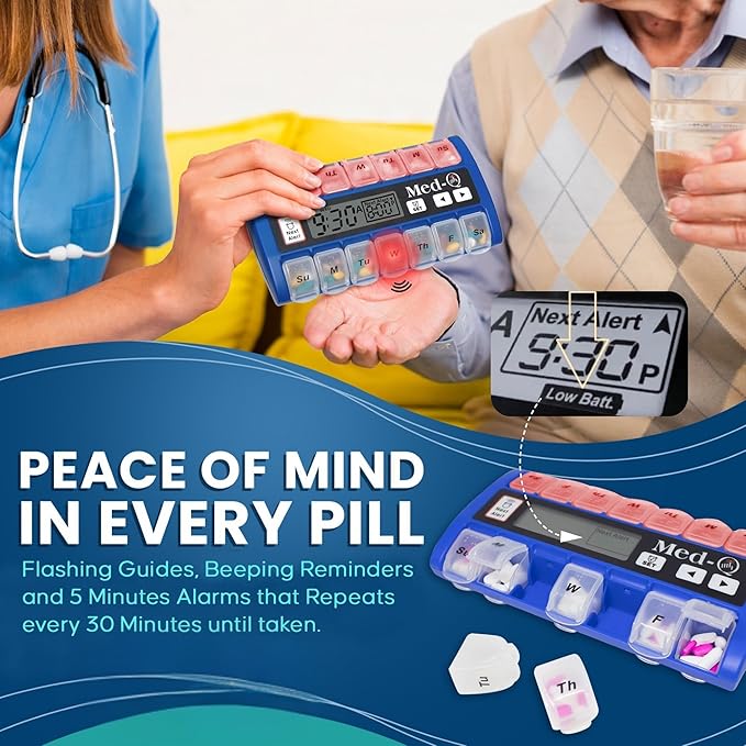 Med-Q Digital Pill Box with Alarms – Pill Organizer with Flashing Lights & Beeping Reminders – Monthly Pill Dispenser for Seniors, Dementia, Alzheimer’s, Medication & Vitamin Management