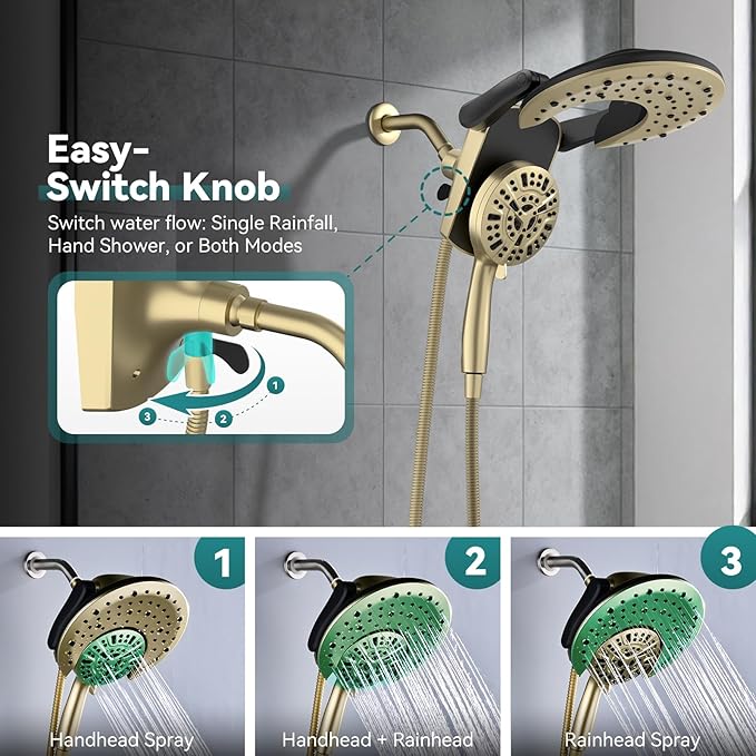Rain Shower Head with Handheld: Foldable High Pressure Shower Heads with Handheld Spray Combo, 9 Spray Settings/Modes Hand Held Showerhead Dual Rainfall Shower Head Built-in Magnetic Docking and Jets