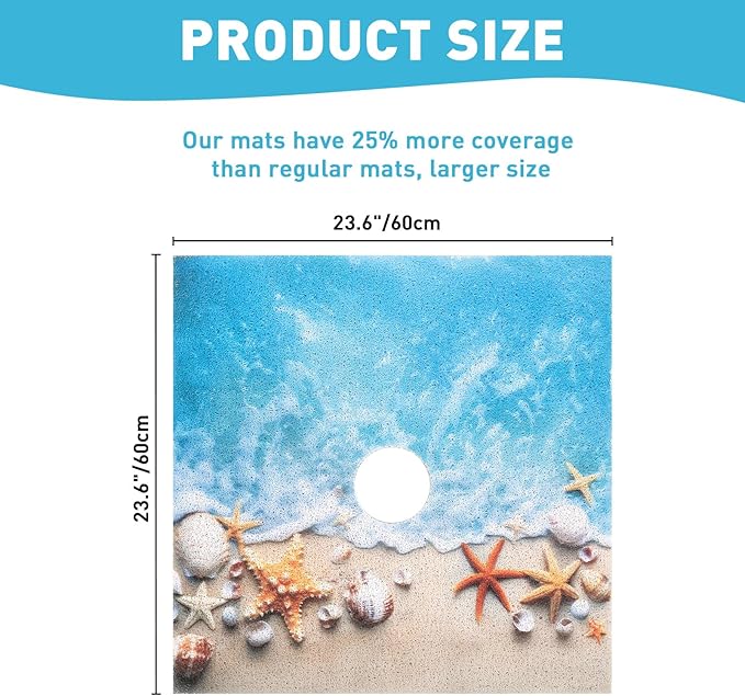 Square Shower Mat Non Slip: 24 x 24 Inch Extra Large Shower Mats with Drain Hole in Middle - PVC Loofah Anti Slip Shower Floor Matt for Inside Shower