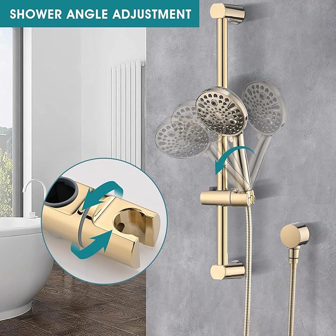 Hand Shower with Slide Bar, High Pressure 10 Setting Handheld Shower Head, Adjustable Height 24" Slide Bar, Wall Supply Elbow and 6.6ft Extra Long Shower Hose - Gold