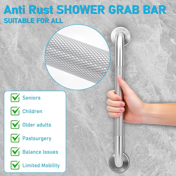 2-Pack, Shower Grab Bars & Bathtub Safety Handles - 304 Stainless Steel Textured Non-Slip Assist Rails for Anti-Fall Support in Tub, Shower, and Toilet Areas (Silver, 16 Inch)