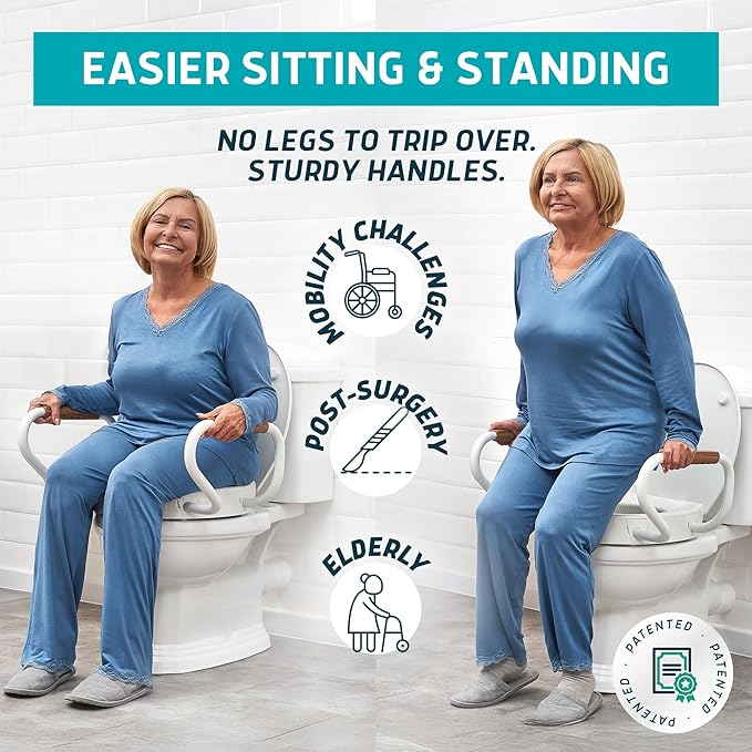 Lunderg Raised Toilet Seat with Handles - Round - Easy to Install Toilet Seat Risers for Seniors - Adds 3 Inches & Works like the one you’ve always used - Elegant design - No Hospital Vibe