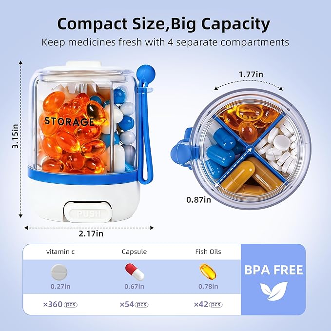 4 Compartments Pill Bottle Organizer, Anti-Mix Travel Pill Dispenser with Safety Lock, Pill Case with 16pcs Labels, Cute Pill Organizer for Seniors, Caregivers & Daily Vitamin Management(Blue)