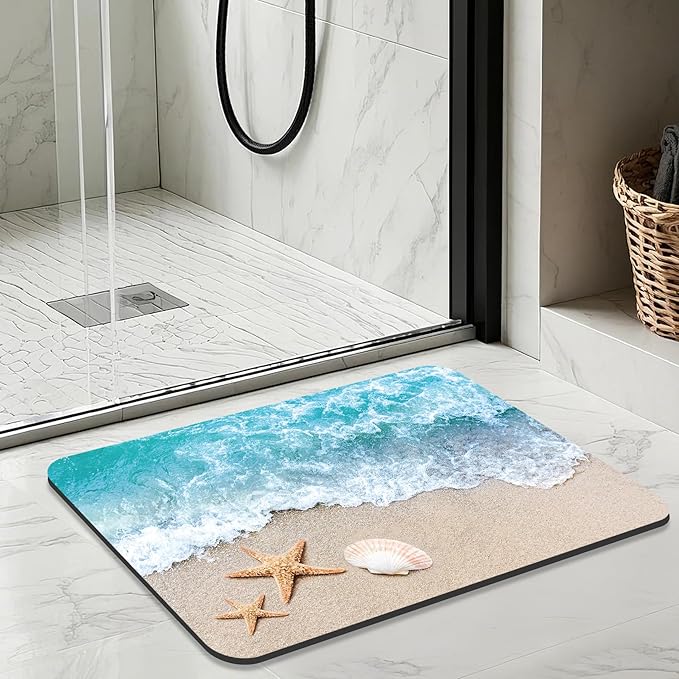 Quick Dry Bath Mat for Bathroom,Super Absorbent Beach Seashell Bath Rug Non-Slip Rubber Backing,Machine Washable Bathroom Floor Mat for Shower, Tub, Sink Area Ocean Blue 16x24