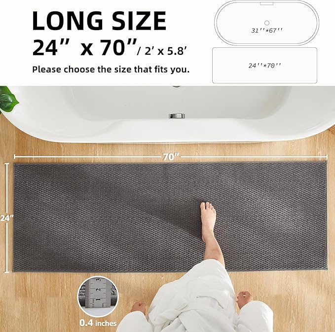 TYUU Bathroom Runner Rugs, Long Bath Mat Runner Washable Thin Quick Dry Low Pile Bathroom Runner Rugs Non Slip, Dark Grey 24"x70"