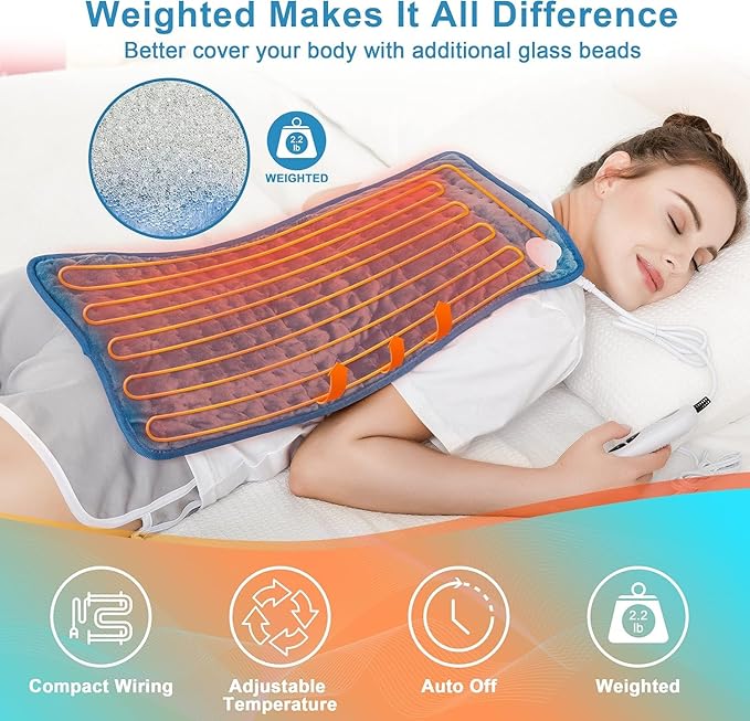 Deepsoon Heating Pad,Electric Heating Pads for Back,Neck,Moist Heating Pad for Abdomen Shoulder Knee Legs,Dry/Moist Heat&Auto Shut Off,Mother's Day Birthday for Men and Women,Weighted Blue,24x12 Inch
