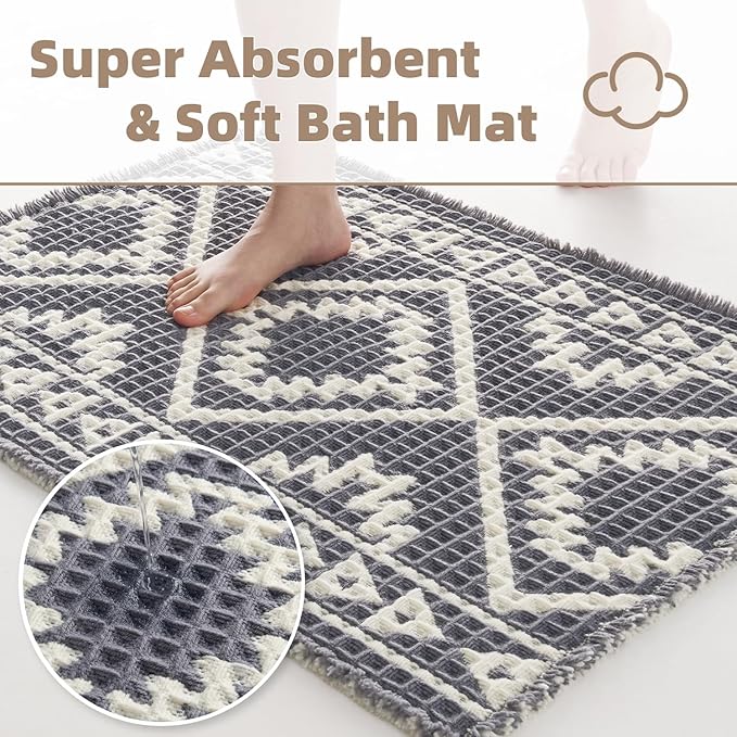 PADOOR-Waffle Bathroom Runner 24"x48", Super Absorbent Bath Mats for Bathroom, Machine Washable Non Slip Bath Rug with Tassels, Soft Bath Mat for Laundry Room, Bedroom, Grey & Cream, 2'x 4'