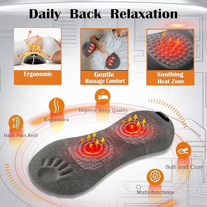 3 in 1 Lumbar Massage Pillow, Deep Kneading Back Massager for Pain Relief, Ergonomic Lumbar Support Cushion, for Home Office Car, Gift for Men Women Seniors