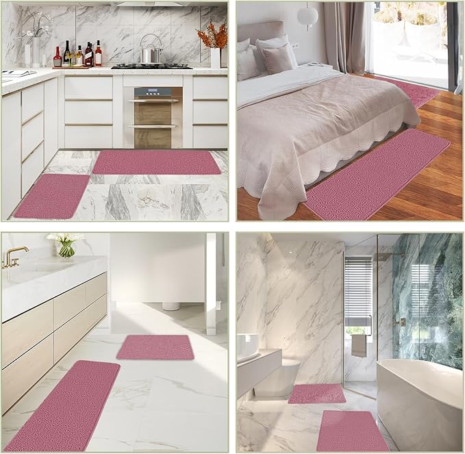 Bathroom Rugs Sets 2 Piece – Absorbent and Washable Bath Mat, Non-Slip, Thick Soft Chenille Bath Rugs for Bathroom Floor, Shower, Sink(17" x 24"+17" x 47", Dusty Rose)