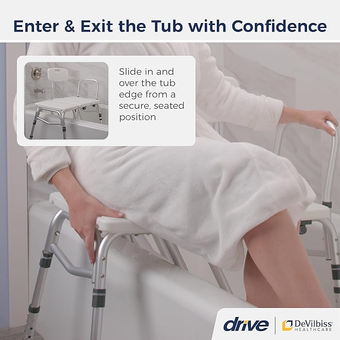 Drive Medical Splash Defense Tub Transfer Bench for Bathtub - U-Shaped Shower Curtain Guard - Adjustable Height - Reversible Design - 400 Lb Capacity - Safe Bathing Aid - White