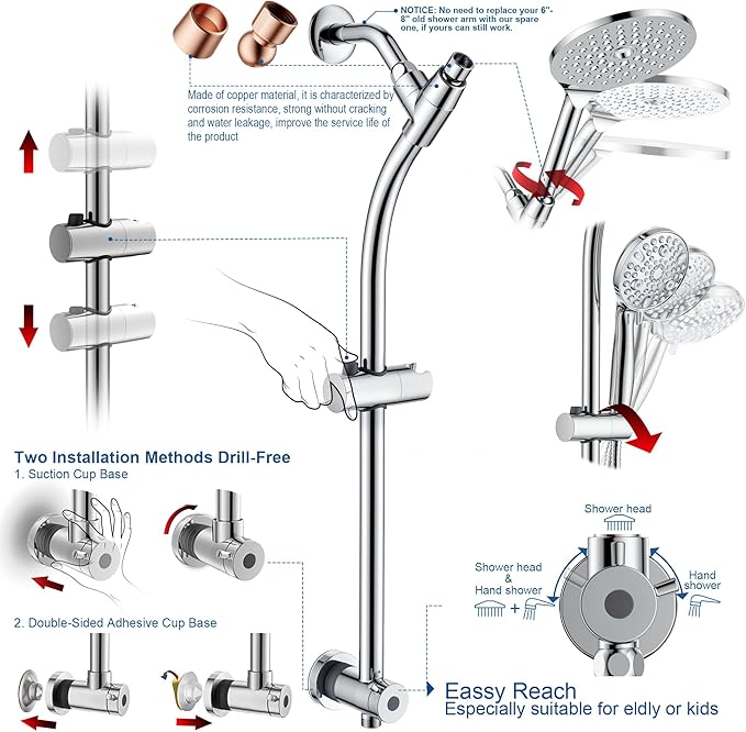 7.5" Rotatable Dual Shower Head with Handheld Combo, Kids Friendly Low 3-Way Diverter, Adjustable Slide Bar for Whole Family Use, Enjoy High Pressure Rainfall Spa Shower, Polished Chrome Finish