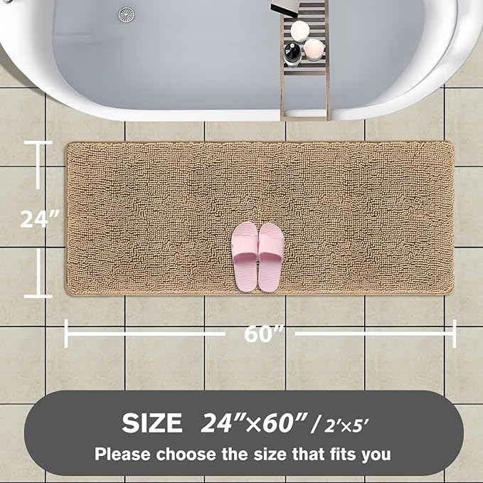 Bathroom Runner Rug 24 x 60 Inch – Extra Large Long Bath Mat | Absorbent and Washable Thick Chenille Bath Rug Non-Slip Runner Rug for Bathroom, Shower, Sink(Beige)