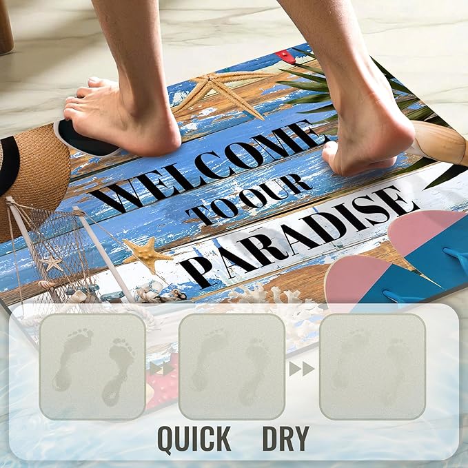 Quick Dry Bath Mat for Bathroom,Super Absorbent Beach Welcome Bath Rug Non-Slip Rubber Backing,Machine Washable Bathroom Floor Mat for Shower, Tub, Sink Area Wooden Board Ocean Blue 16x24