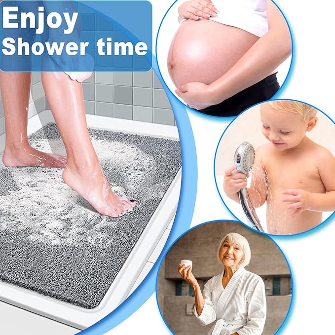 Shower Mats Non Slip for Elderly, 24x24’’Lager Loofah Bath Mats for Shower, Non-Slip Bath Mat for Elderly-Grey