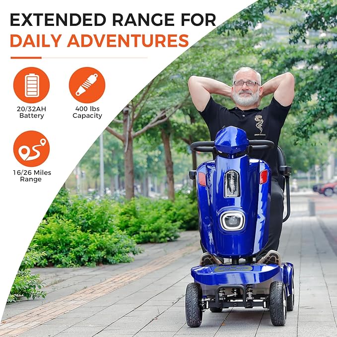 Heavy Duty Mobility Scooter for Seniors/Adults, 500W 400LBS Capacity Electric Scooter, All Terrain Mobility Scooters for Travel 10" Off Road Tires, Long Range 4 Wheel Scooter 9MPH, Blue 26Miles
