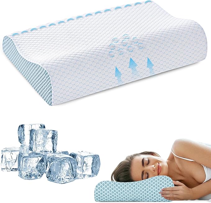 Memory Foam Cooling Bed Pillows for Sleeping, Ergonomic Cervical Pillow for Neck and Shoulder Pain Relief, Adjustable Cold Pillow,with Pillowcase（Blue）