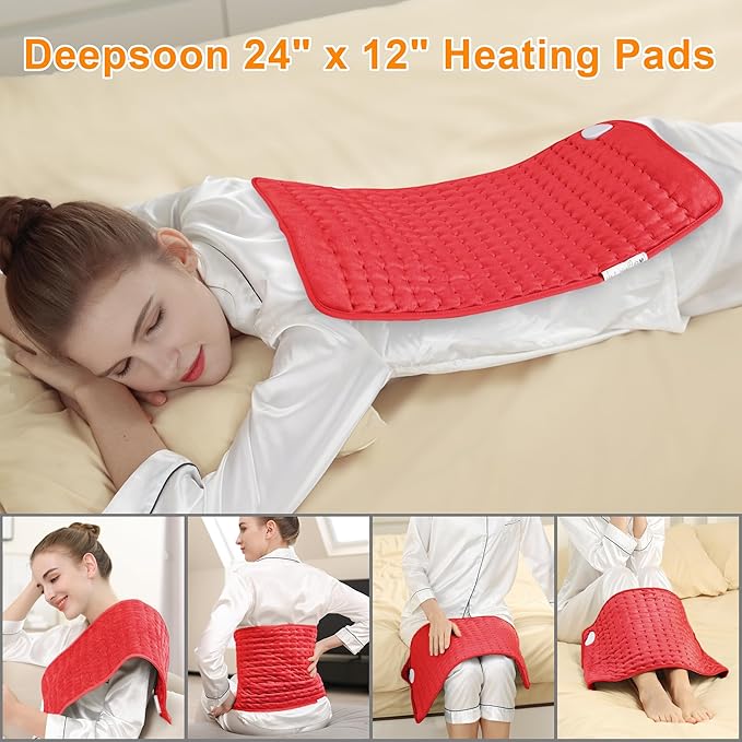 Deepsoon Heating Pad,Electric Heating Pads for Back,Neck,Moist Heating Pad for Abdomen Shoulder Knee Legs,Dry/Moist Heat&Auto Shut Off,Mother's Day Birthday for Men and Women,Red,24x12 Inch