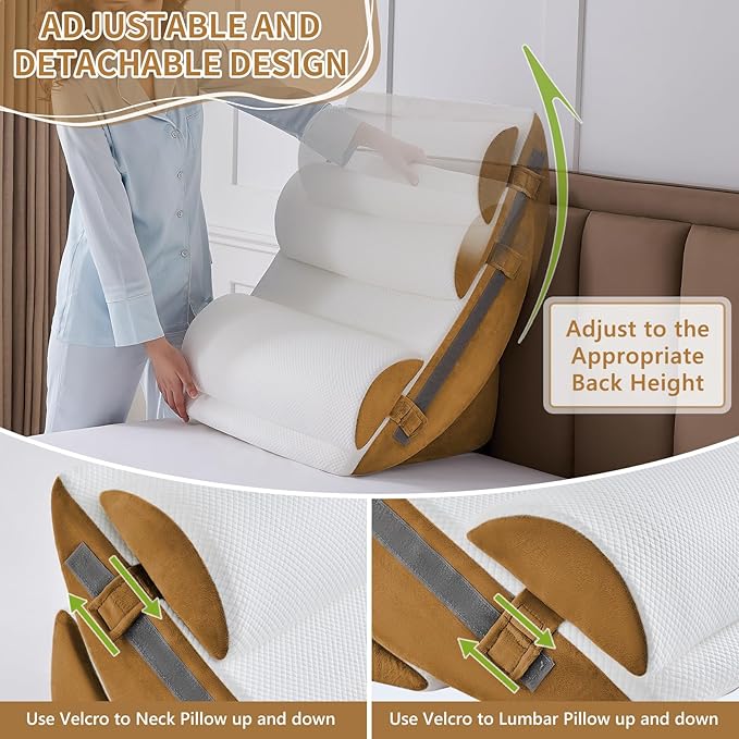 Yojoker 9PCS Orthopedic Bed Wedge Pillow Set for Sleeping, Back and Leg Pain Relief, Post Surgery Foam Pillow for Body, Triangle Adjustable Support Pillow - Acid Reflux Sleeping Pillows Brown