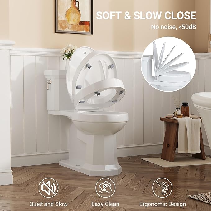 Raised Toilet Seat for Seniors, Elongated Elevated Toilet Seat with Soft Close Lid, Quick Release & Easy Installation, Easy to Clean - Ideal for Elderly, White