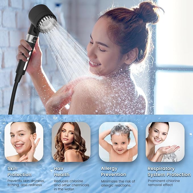 PWERAN Filtered Shower Head with Handheld, High Pressure 3 Spray Mode Showerhead with 18 Stage Water Softener Filters for Hard Water - Remove Chlorine-BLACK