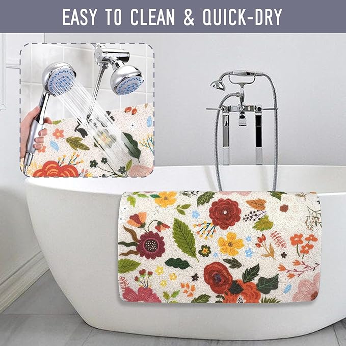 Square Shower Mat, 24 x 24 Inch Non Slip Flower Shower Stall Mat, Quick-Dry PVC Loofah Bath Mat for Shower Tub Bathroom