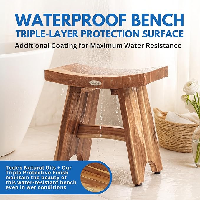 EcoDecors Teak Shower Bench 18", 300 lb Capacity – Waterproof Teak Bath Seat for Adults - Compact Spa Stool for Small Bathrooms & Walk-in Showers with Slip-Resistant Feet