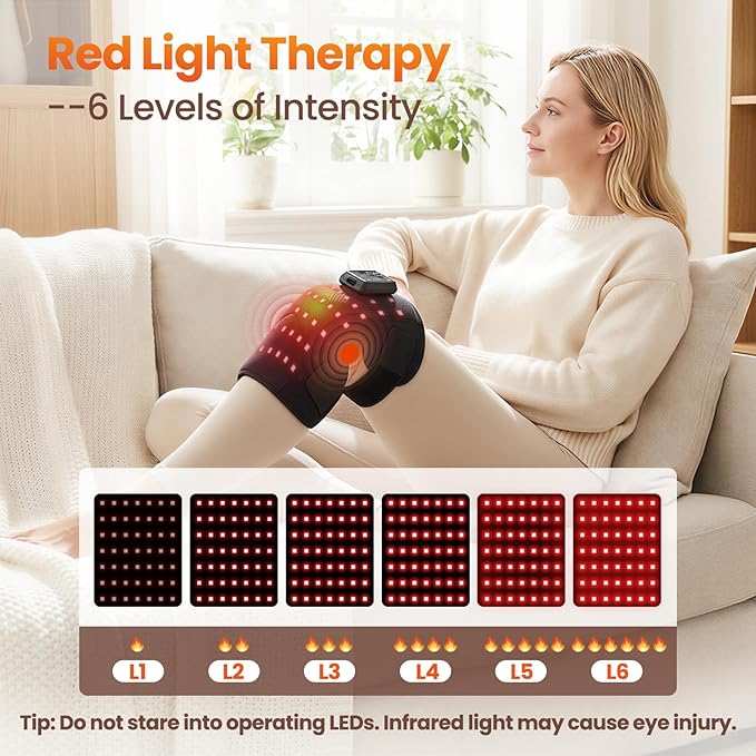 Knee Massager with Heat and Red Light Therapy, 5000mAh Heated Knee Brace for Knee Pain Relief, 660&850nm Red Light Therapy Device for Knee with 6 Heat 6 Vibration Massage, Gifts for Seniors(Single)