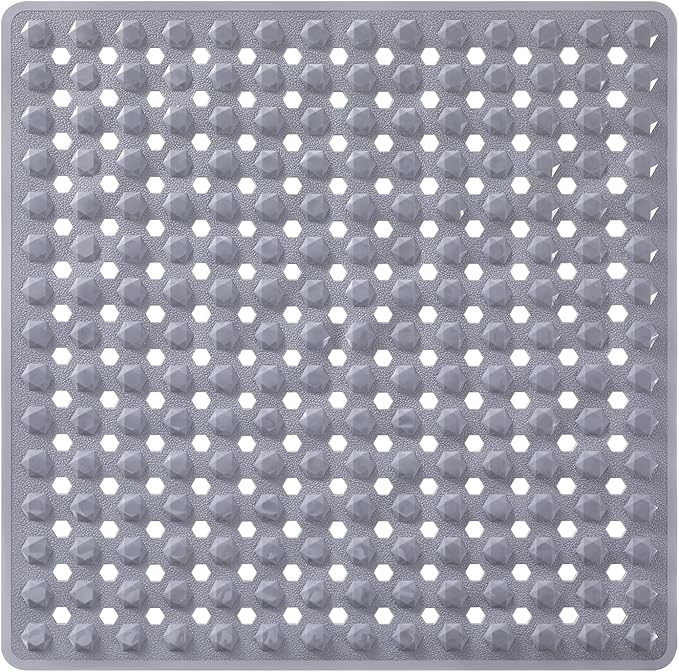 Yimobra Square Shower Floor Mat Non Slip, 21"x21" Machine Washable Bath Tub Mat, Soft on Feet, Bathmat with Drain Holes and Suction Cups, Fast Draining, Grey