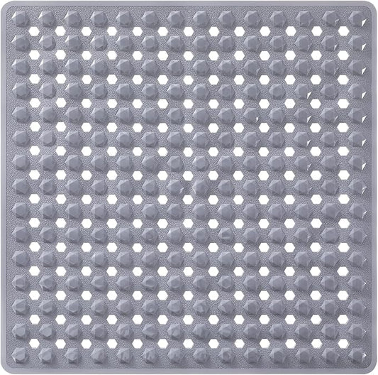 Yimobra Square Shower Floor Mat Non Slip, 21"x21" Machine Washable Bath Tub Mat, Soft on Feet, Bathmat with Drain Holes and Suction Cups, Fast Draining, Grey