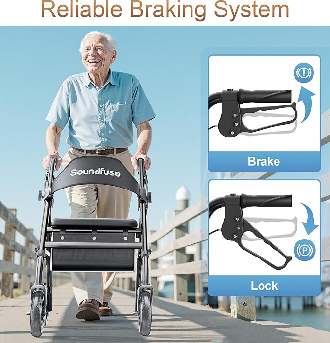 SOUNDFUSE Rollator Walkers for Seniors with Seat, Foldable Lightweight Rolling Walker with 8" Big PU Wheels, Ergonomic Seat, Dual Height Adjustment