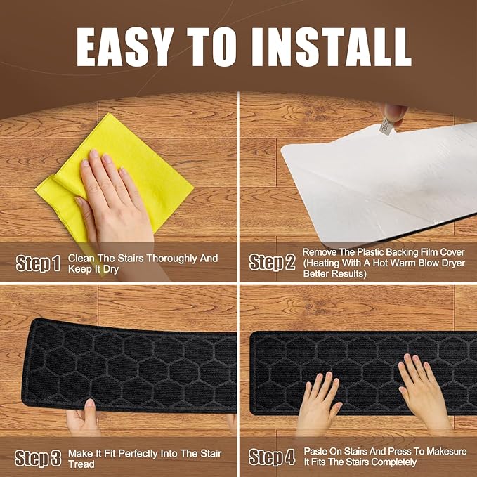 15 Pack 8 "X 30" Non-Slip Carpet Stair Treads for Indoor Wooden Steps, Made of Polyester and Reusable Adhesive, Suitable for Kids Elders and Pets（Black Hexagon）