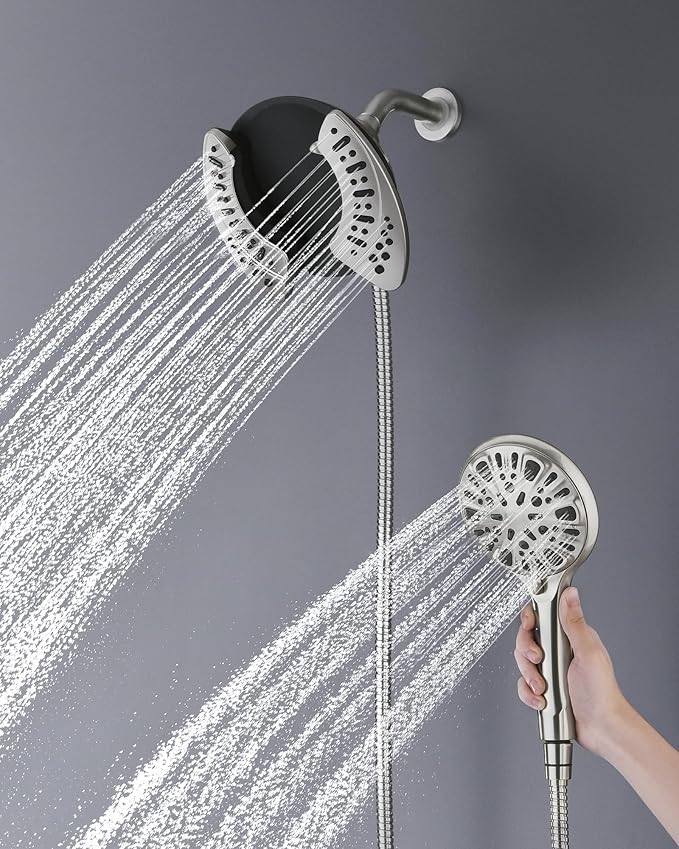 INAVAMZ 2-in-1 Shower Head with Handheld Combo: 2.5GPM Rainfall Shower Head & Detachable Shower Head Use Together or Alone, 9 Spray Settings Hand Held Showerhead with Hose, Nickel