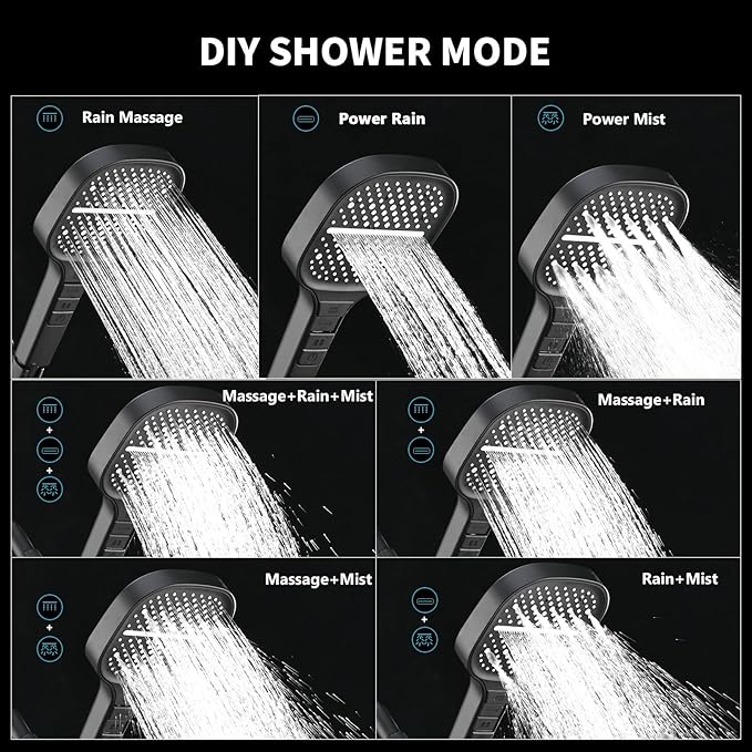 Handheld Shower Head with Extra Long Hose, 8 Setting Square Detachable Hand Held Spray with Upgrade Piano-Key Button & On Off Switch, 79" Long Stainless Steel Hose, Adjustable Bracket - Matte Black